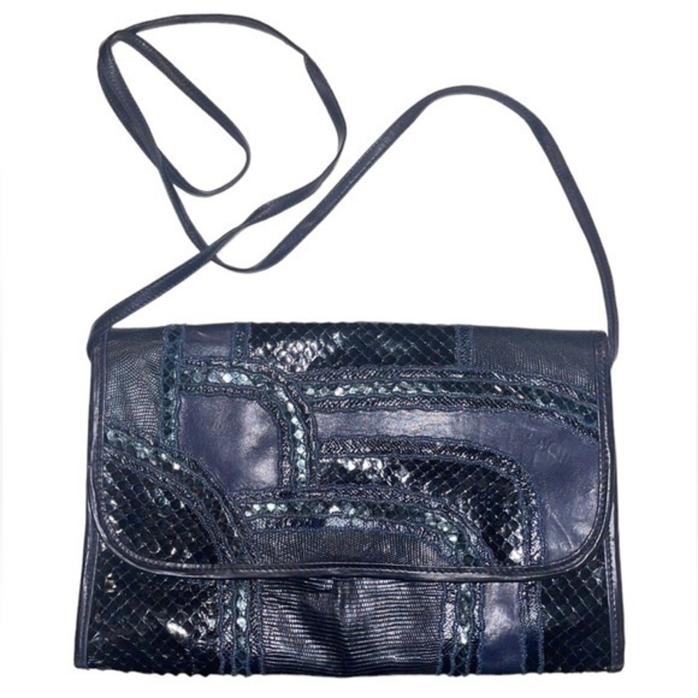 CARLOS FALCHI VINTAGE Black Snake Navy Blue Leather Crossbody Clutch‎ Purse
